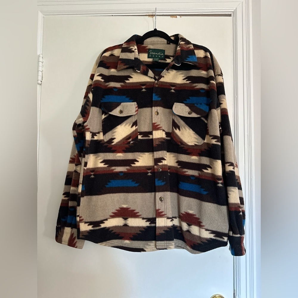 VTG 90s Scandia Woods men's Sz: XLG fleece Button Down Southwestern Aztec.